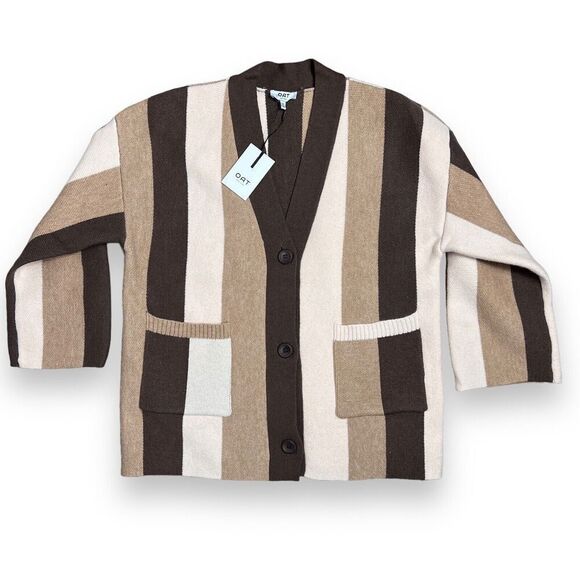 Oat New York Sweater WMNS S Brown Striped Cardigan Preppy Grandpa Monotone Tan - Picture 1 of 9